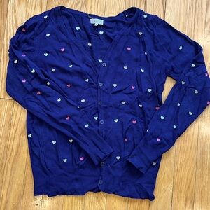 Navy Cotton Blend Cardigan with Embroidered Heart Pattern
